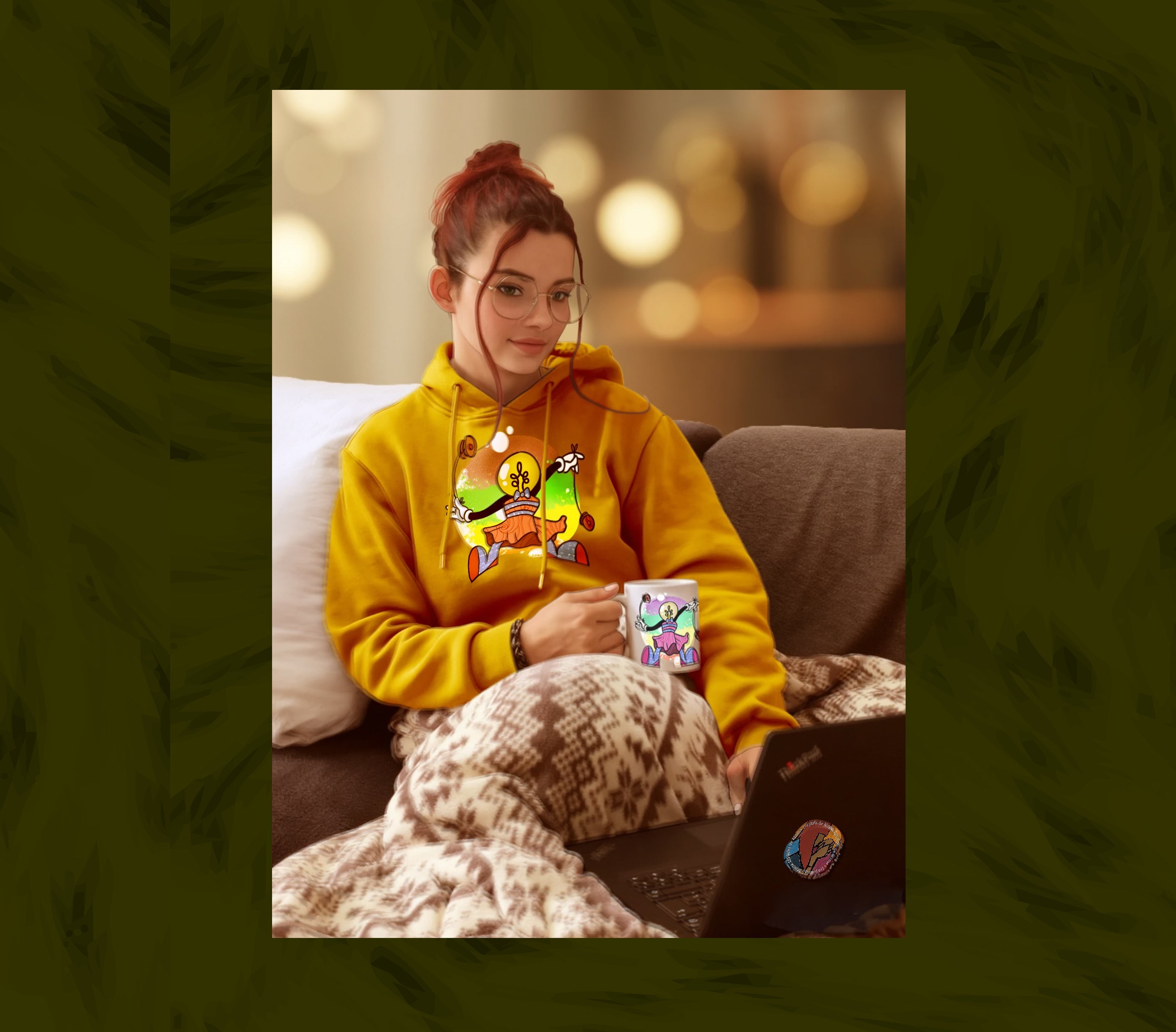 Femme portant un pull original avec mug assorti
